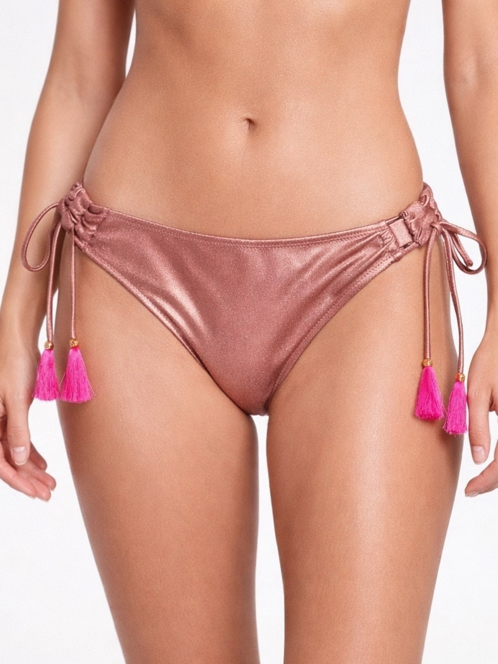 Shade & Shore Shimmer Bikini Bottoms Tassel Tie Side Brown Pink Women’s Small